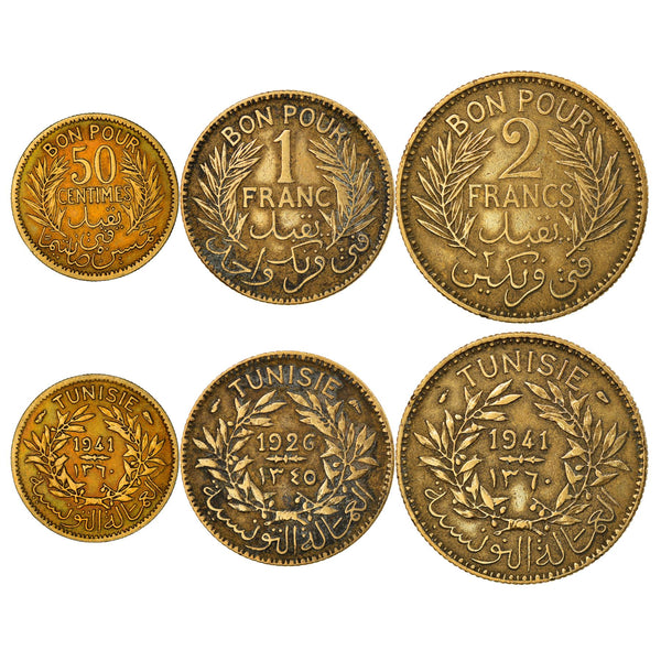 Tunisian 3 Coin Set 50 Centimes 1 2 Francs | Tunisia | 1921 - 1945