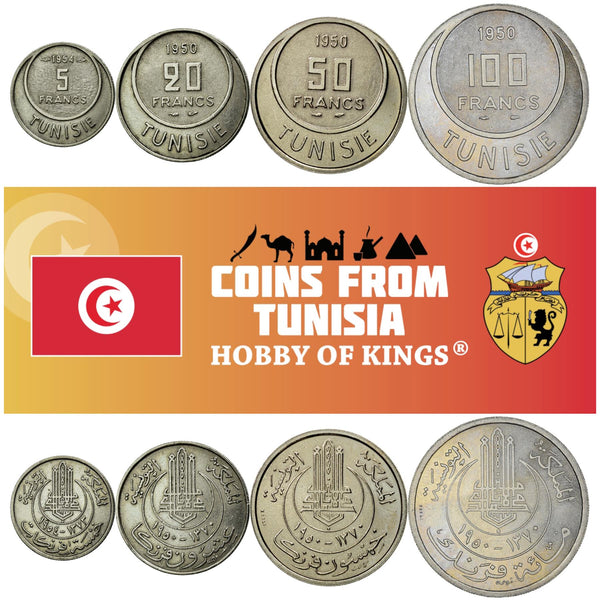 Tunisian 4 Coin Set 5 20 50 100 Francs | Crescent | Tunisia | 1950 - 1957