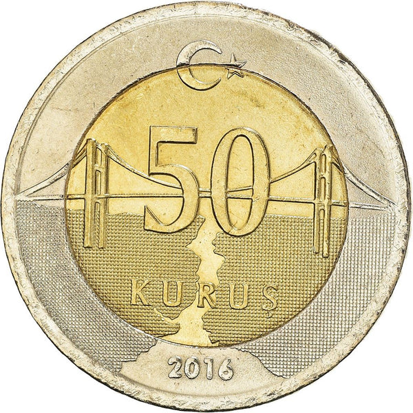 Turkey Coin Turkish 50 Kurus | President Mustafa Kemal Ataturk | Bosphorus Strait Bridge | KM1243 | 2009 - 2021