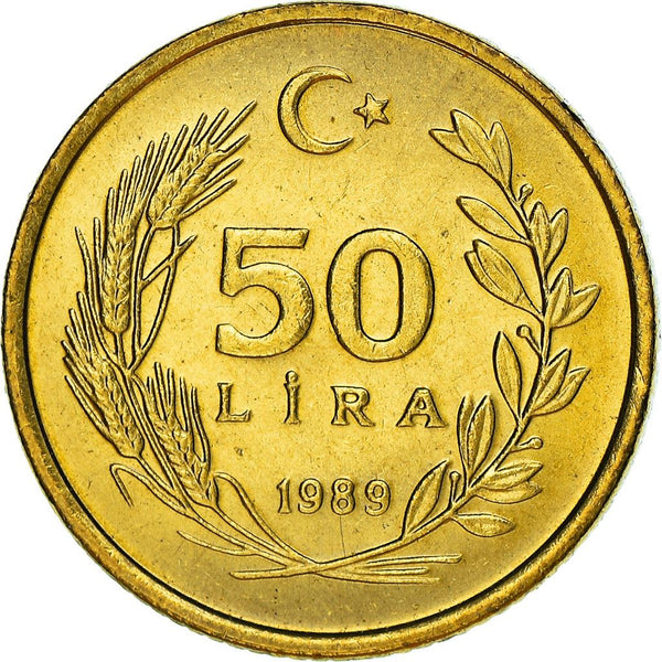 Turkey | Turkish 50 Lira Coin | President Mustafa Kemal Ataturk | Moon Star | KM987 | 1988 - 1994