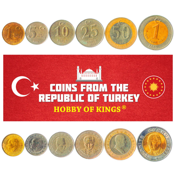 Turkish 6 Coin Set 1 5 10 25 50 Yeni Kuruş 1 Yeni Lira | Mustafa Kemal Atatürk | Crescent And Star | Turkey | 2005 - 2008