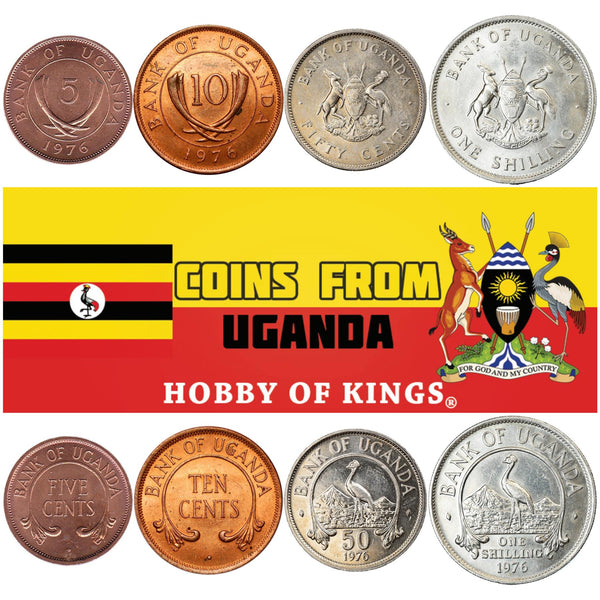 Ugandan 4 Coin Set 5 10 50 Cents 1 Shilling | Grey Crowned Crane | Uganda | 1976