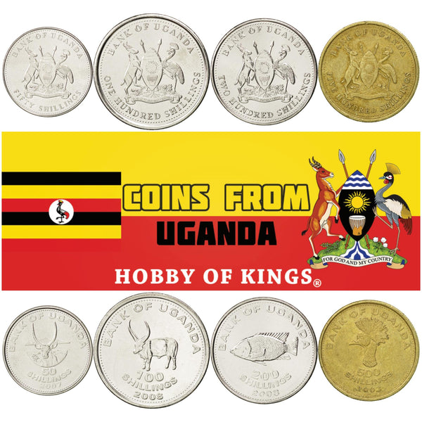 Ugandan 4 Coin Set 50 100 200 500 Shillings | African Bull | East African Crowned Crane | Cichlid | Uganda | 1998 - 2019