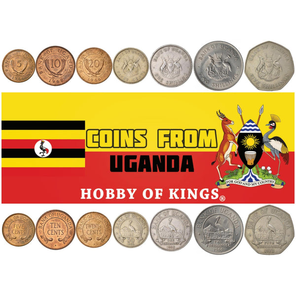 Ugandan 7 Coin Set 5 10 20 50 Cents 1 2 5 Shillings | Grey Crowned Crane | Uganda | 1966 - 1975