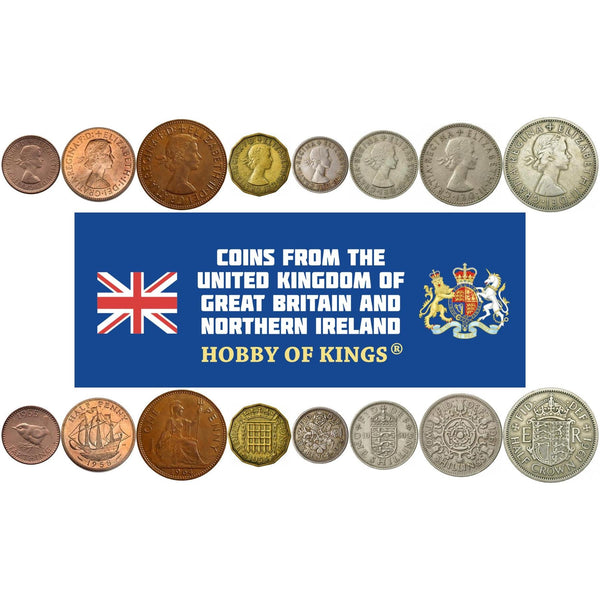 United Kingdom | 8 Coin Set | Farthing Penny Pence Shillings (Florin) 1/2 Crown | 1954 - 1961