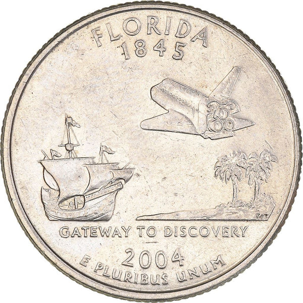 United States Coin American ¼ Dollar | George Washington | Florida | Ship | Spanish Galleon | Cabbage palmettos | Space Shuttle | KM356 | 2004
