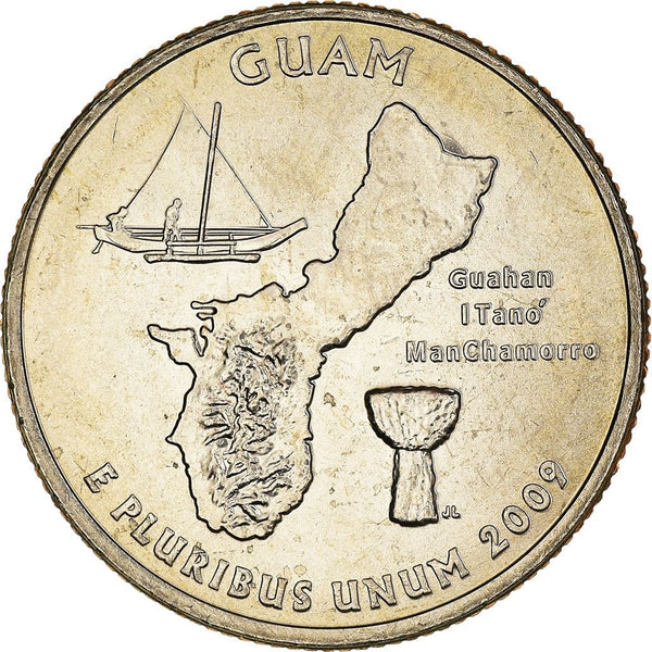 United States Coin American ¼ Dollar | George Washington | Guam | Flying Proa | Sailing Boat | Latte Stone | KM447 | 2009