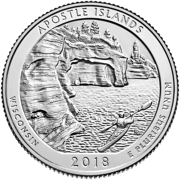 United States Coin American ¼ Dollar | George Washington | Sea Caves | Devils Island | Lighthouse | Kayaker | KM670 | 2018