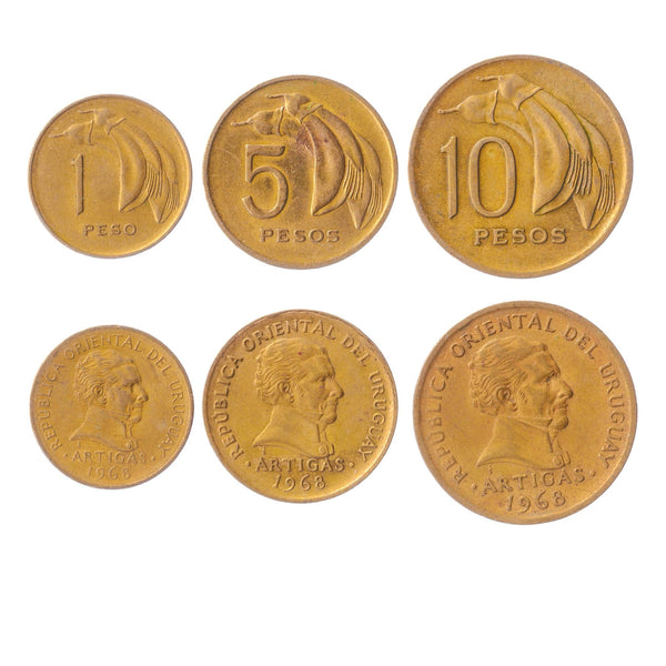 Uruguay 3 Coin Set 1 5 10 Pesos | Erythrina | Jose Gervasio Artigas | 1968