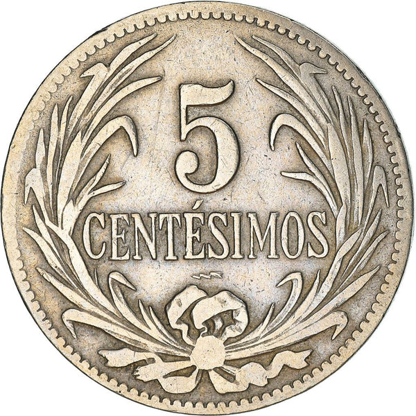 Uruguay 5 Centesimos Coin | Sun | Palm Wreath | KM21 | 1901 - 1941