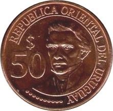 Uruguay Coin 	Uruguayan 50 Pesos | Uruguayos Independence | Jose Gervasio Artigas | Sun | KM139 | 2011