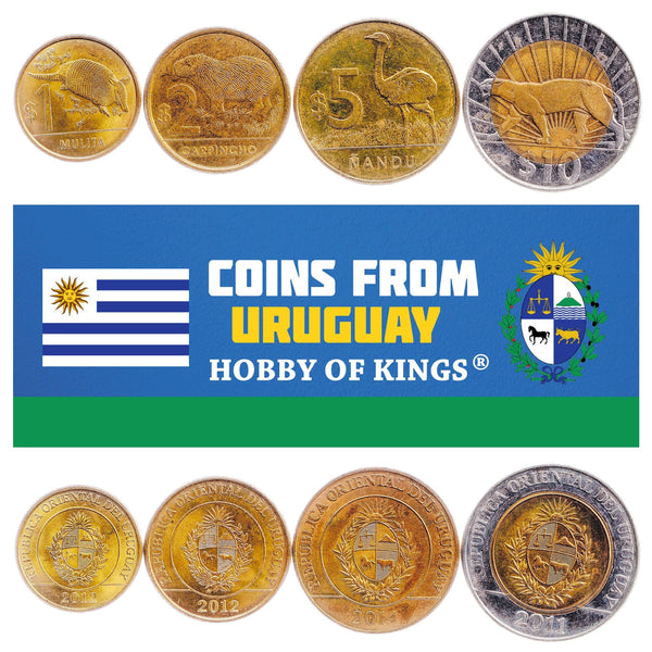 Uruguayan 4 Coin Set 1 2 5 10 Pesos | Greater Rhea | Armadillo | Capybara | Cougar | Uruguay | 2011 - 2019
