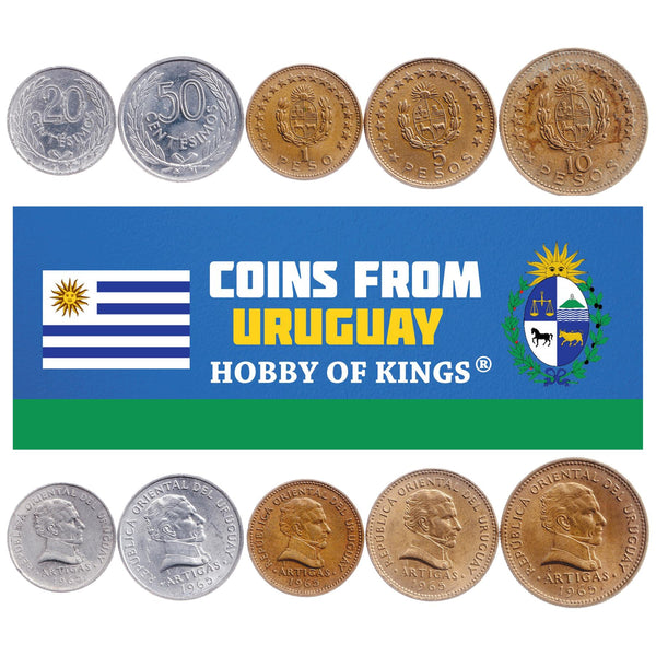 Uruguayan 5 Coin Set 20 50 Centésimos 1 5 10 Pesos | Jose Gervasio Artigas | Uruguay | 1965