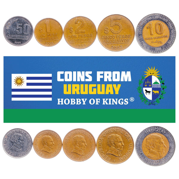 Uruguayan 5 Coin Set 50 Centésimos 1 2 5 10 Pesos | Jose Gervasio Artigas | Uruguay | 1998 - 2008