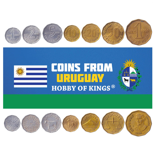 Uruguayan 7 Coin Set 1 2 5 10 20 50 Centésimos 1 Nuevo Peso | Ox | Fortress General Artigas | Jose Gervasio Artigas | Scale | Horse | Uruguay | 1976 - 1978