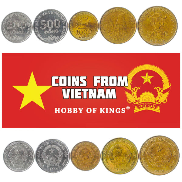 Vietnamese 5 Coin Set 200 500 1000 2000 5000 Dong | Highland Stilt House | One Pillar Pagoda | Vietnam | 2003