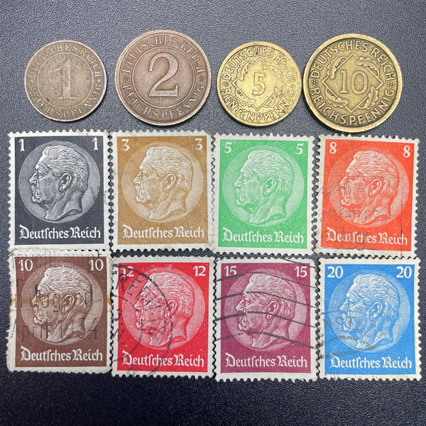 Weimar Republic 4 Coin Set 1 2 5 10 Reichspfennig | 8 Deutsches Reich Stamps 1924 - 1938