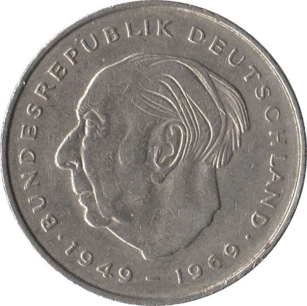 West Germany 2 Deutsche Mark Coin | President Theodor Heuss | Eagle | KMA127 | 1970 - 1987