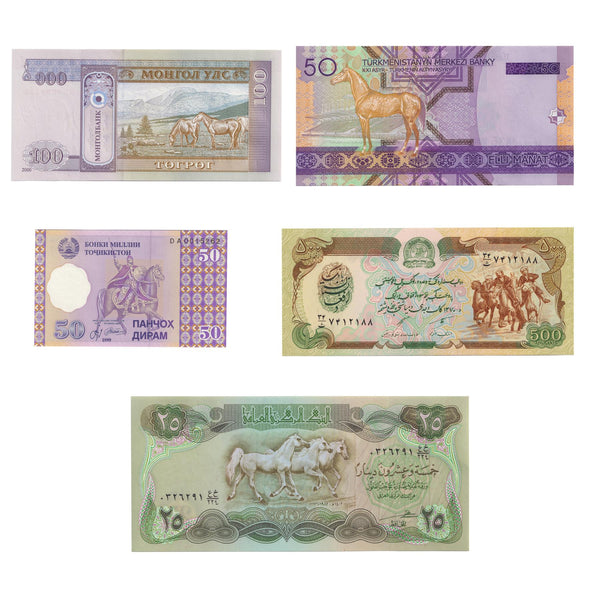 World Banknote Set | Horses | Paper Money | Arabian horses | Buzkashi | Akhal - Teke | Takhi | Ismail Samani