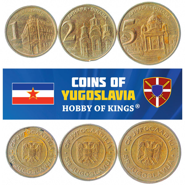 Yugoslav 3 Coin Set 1 2 5 Dinara | Yugoslavia National Bank | Gračanica Monastery | Yugoslav Parliament | Two Headed Eagle | 2000 - 2002