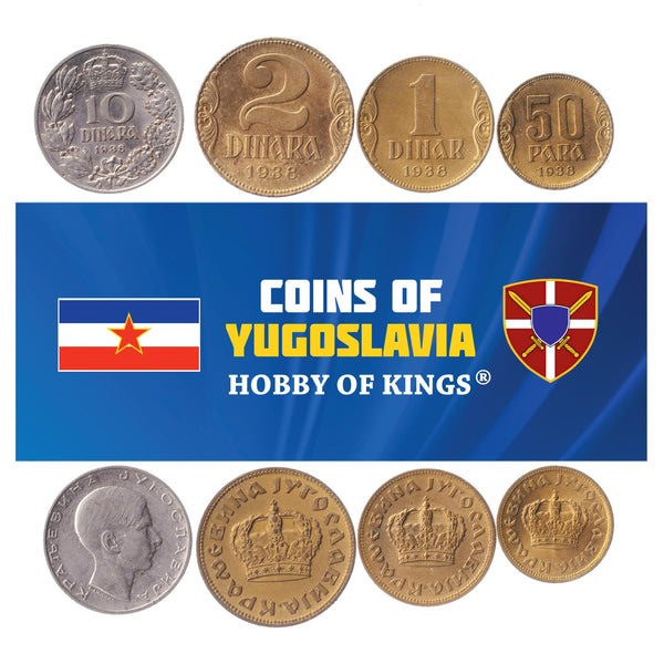 Yugoslav 4 Coin Set 50 Para 1 2 10 Dinara | Flame | Star | Crown | 1938