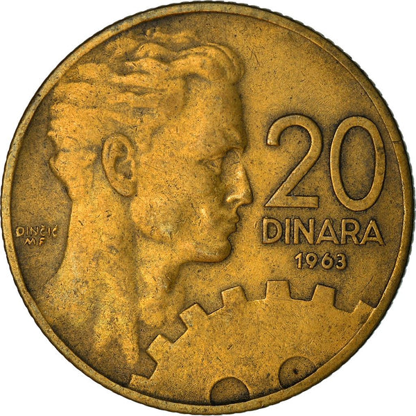 Yugoslavia 20 Dinara Coin | Flame | Stars | Cogwheel | KM40 | 1963
