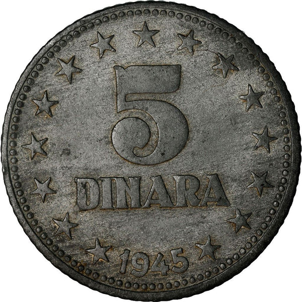 Yugoslavia 5 Dinara Coin | Flame | Stars | KM28 | 1945