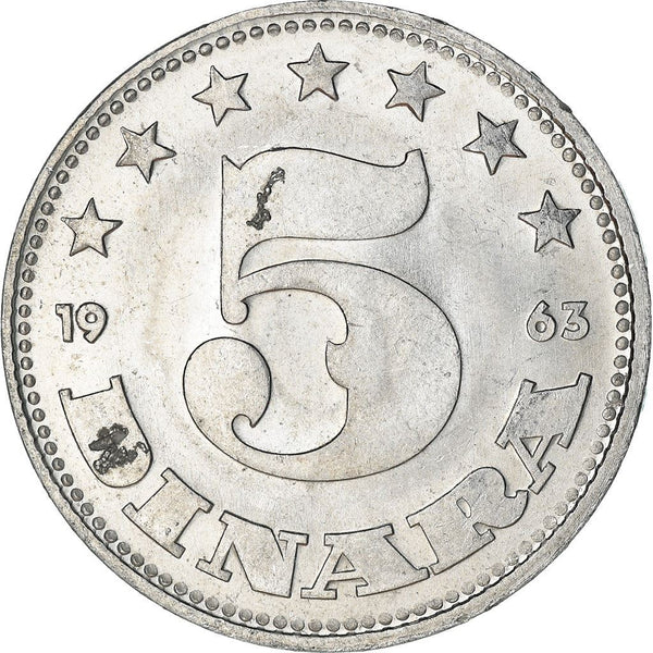 Yugoslavia 5 Dinara Coin | Flame | Stars | KM38 | 1963