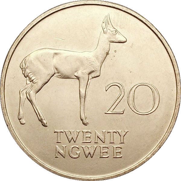 Zambia | 20 Ngwee Coin | Kenneth Kaunda | Bohor Reedbuck | KM13 | 1968 - 1988