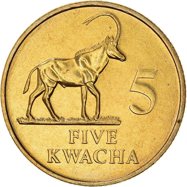 Zambia 5 Kwacha Coin | Sable Antelope | KM31 | 1992