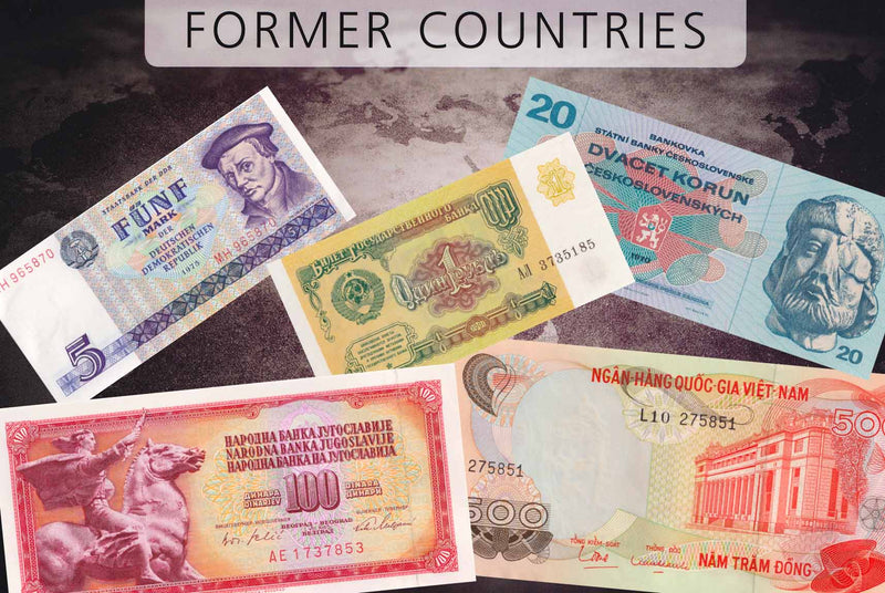 Former countries | Banknotes | Czechoslovakia | Vietnam | East Germany | Soviet Union | Yugoslavia | Ruble | Dinar | Korun | Mark | Dong
