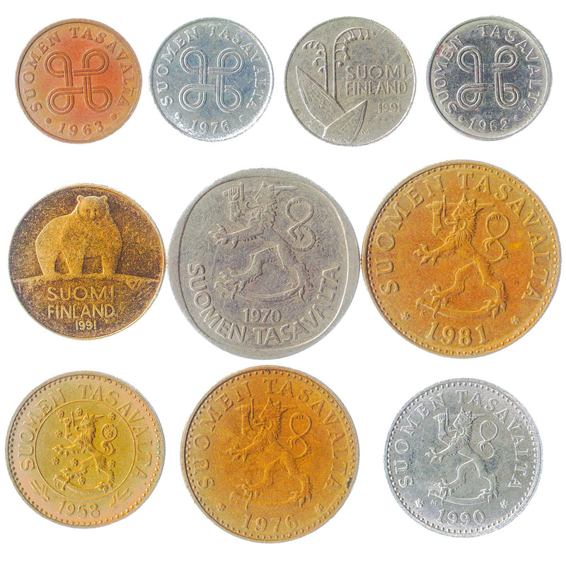 10 Finnish Finn Coins | Markka Penniä Penni | Saint Hannes cross | Heraldic lion | Icebreaker "Varma" | Brown bear | Lily of the Valley | Haircap Moss | 1963 - 2001