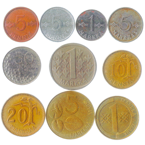 10 Finnish Finn Coins | Markka Penniä Penni | Saint Hannes cross | Heraldic lion | Icebreaker "Varma" | Brown bear | Lily of the Valley | Haircap Moss | 1963 - 2001