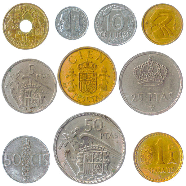 10 Spanish Coins Pesetas Centimos Spain Kingdom Juan Carlos I Francisco Franco 1940-2001