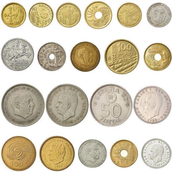 20 Spain Coins | Spanish Currency Collection | 10 50 Centimos 1 5 25 50 100 Pesetas | Foreign Money | Monedas De Coleccion | 1940 - 2000