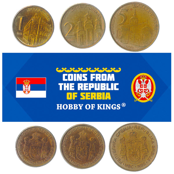 3 Coin Set Serbia 1, 2, 5 Dinars Balkan Money Old Collectible Currency 2006 - 2020
