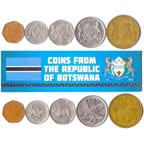 5 Botswana Coins | African Wild Animals | Thebe | Pula | 1976 - 2019