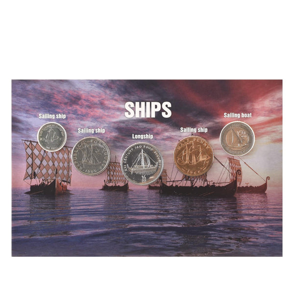 5 Coin Set Ships | Sailing Ship | Longships | Sailing Boats | Lebanese 50 Livres | UK 1/2 Penny | Korea | Portuguese 5 Escudos | Eastern Caribbean States
