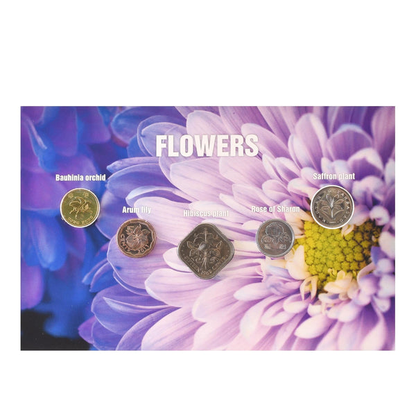 5 Coin Set World Flowers | Blistercard | Orchid | Arum Lily | Hibiscus | Rose of Sharon | Saffron Plant