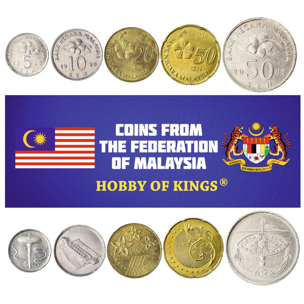5 Malaysian Coins | Mixed Currency | Sen | Ringgit | Agong | Traditional Malayan Symbols