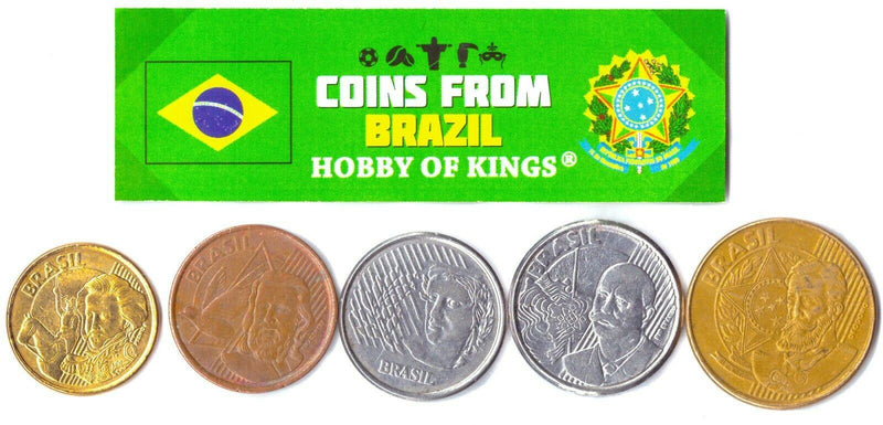 5 Mixed Brazilian Coins | Centavos | Cruzeiros | Latin American Money | Collectible Currency | Famous Personalities
