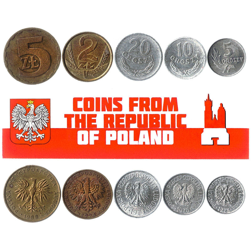 5 Poland Coins | Mixed Polish Currency | Grosz | Zloty | Since 1949
