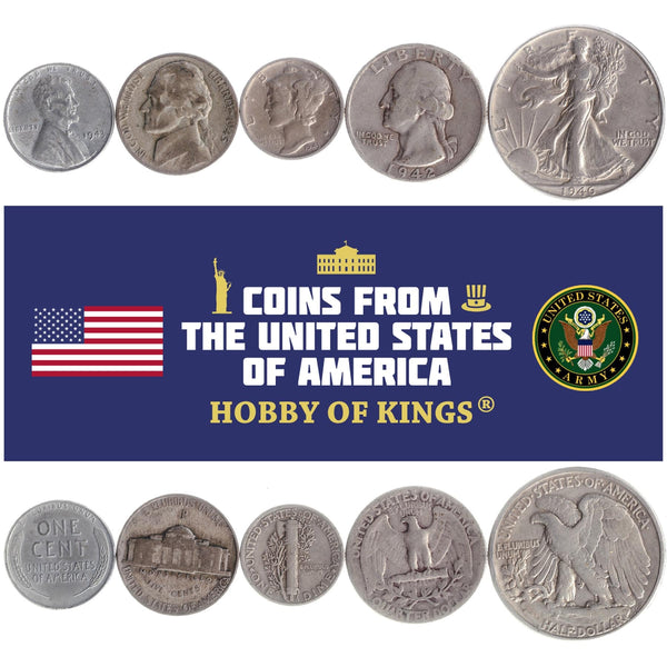 American 5 Coin Set 1 5 Cents 1 Dime ¼ ½ Dollar | Benjamin Franklin | Abraham Lincoln | Thomas Jefferson | Franklin D. Roosevelt | Eagle | Monticello | Liberty Bell | United States | 1932 - 1947
