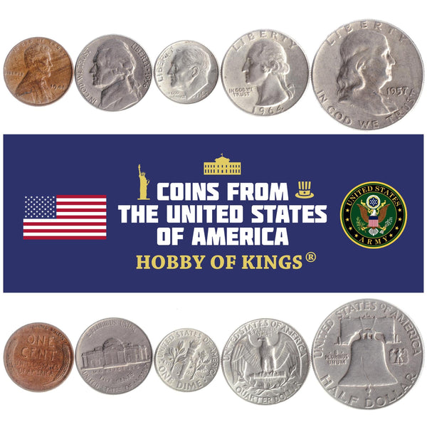 American 5 Coin Set 1 5 Cents 1 Dime ¼ ½ Dollar | Benjamin Franklin | Abraham Lincoln | Thomas Jefferson | Franklin D. Roosevelt | Eagle | Monticello | Liberty Bell | United States | 1944 - 1964