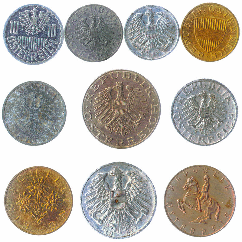 Austria 10 Mixed Coins | Groschen | Schilling | Austrian Pre - Euro Currency | 1947 - 2001