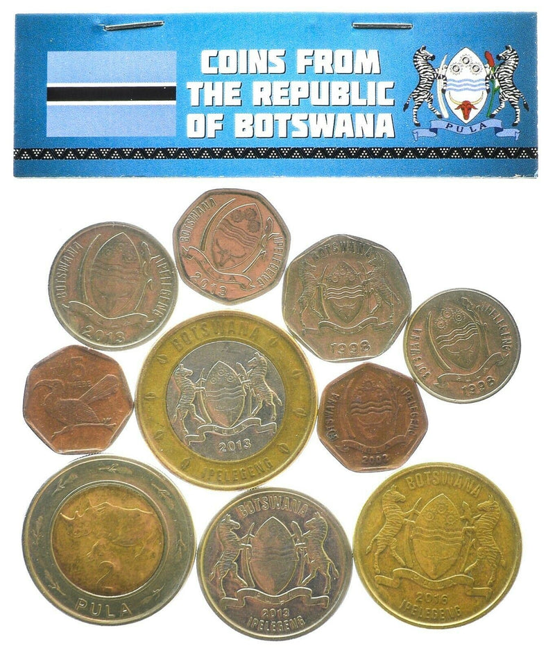 Botswana 10 Mixed Coins | Thebe | Pula | Exotic African Animals | 1976 - 2016