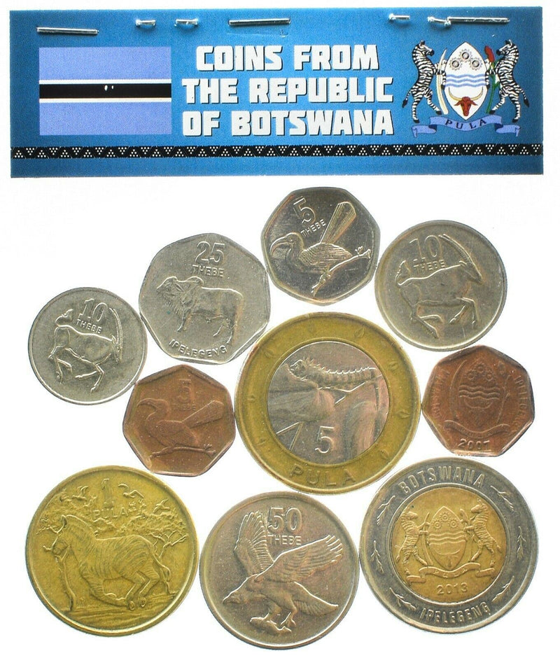 Botswana 10 Mixed Coins | Thebe | Pula | Exotic African Animals | 1976 - 2016