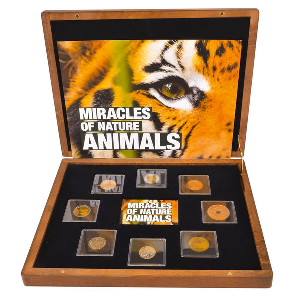 Collection of 8 Coins | World Animals | Exotic Countries | Wooden Box