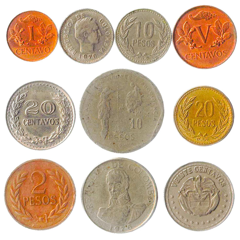Colombia 10 Mixed Coins | Colombian Money | Centavos | Pesos | 1959 - 2017