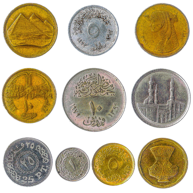 Egypt 10 Mixed Coins | Egyptian Currency | Qirsh Pound Piastres Milliemes | Hawk of Qureish | Cleopatra | Tutankhamun | 1958 - 2022